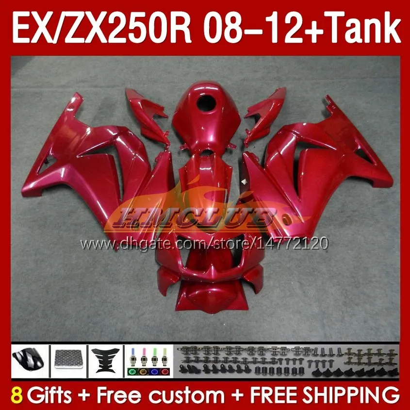 Tanque de fadas de inje￧￣o para Kawasaki Ninja Ex250R ZX250R 2008 2009 2010 2012 2012 ZX250 EX250 R 163NO.98 ZX-250R 08-12 EX ZX 250R 08 09 10 11 12 OEM Fairing Red Pearl