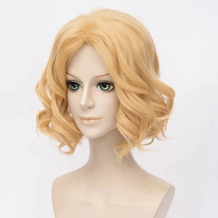 Affascinante parrucca sintetica dorata con capelli ricci di media lunghezza