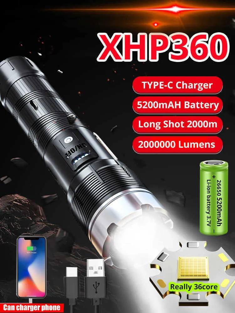 Flashlights Torches 5200MAH XHP360 2000000lm LED-zaklamp 36-core fakkel XHP199 XHP50 Oplaadbare tactische flitslicht 26650 Campinglamp Lantern L221014