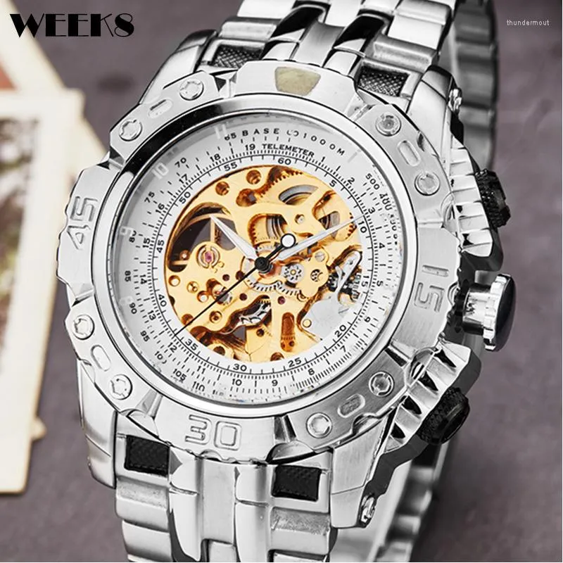 Wristwatches Luxury Automatic Mechanical Watch Top Brand Hip Hop Men Full Stainless Steel Sliver Skeleton Clock Male Hombre Relogio