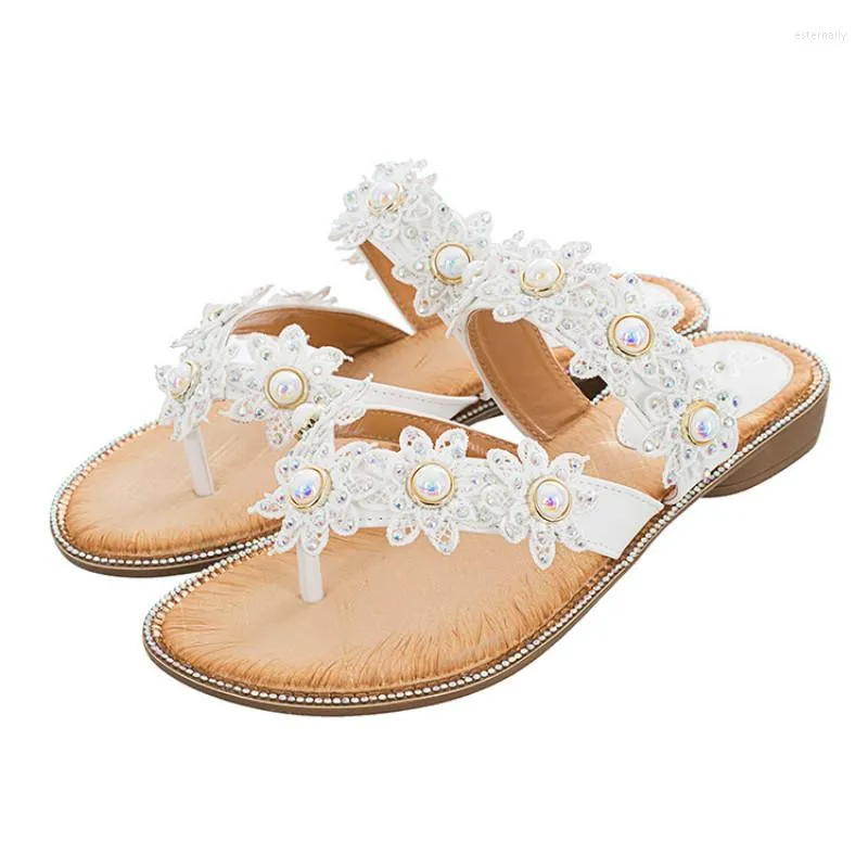 Sandals Fashion da donna con fiori di perle bassa tacchi spicchi donne scarpe da donna donna per il tempo morbido signore signore sandalie femminile