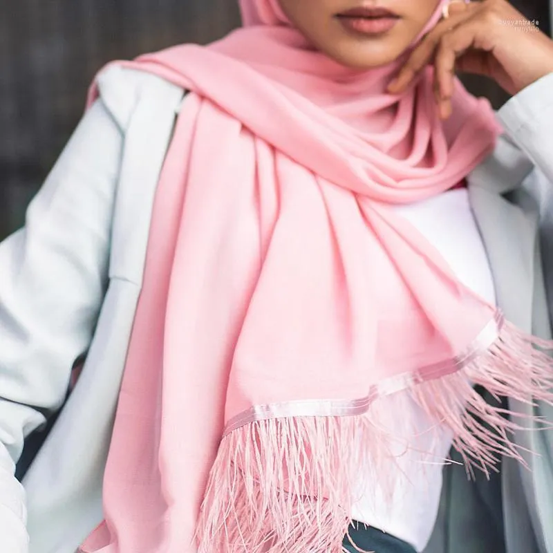 Etnik Giyim 10 PCS Zarif El Yapımı Tüyler Hicap Eşarp Düz Renk Müslüman Şalları Şallar Sarma Malezya Başörtüsü Fould Femme