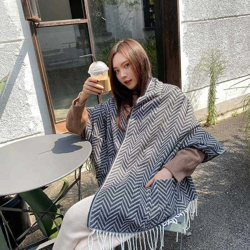 Scarves Korean Autumn and Winter New Water Ripple Pattern Cashmere Scarf Women's Pocket Dual purpose Thickened Shawl Long Tassel Neck