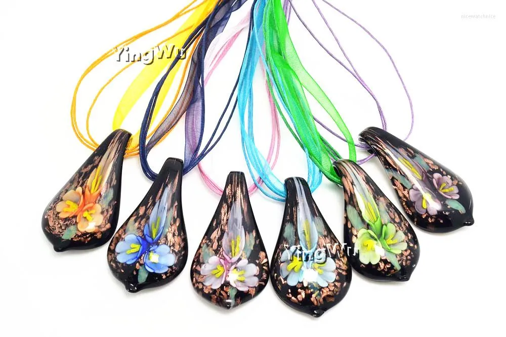 Pendant Necklaces Yingwu Fashion Wholesale 6pcs Lot Handmade Murano Lampwork Glass Mix Color Black Flower Leaf Pendants Charms Necklace