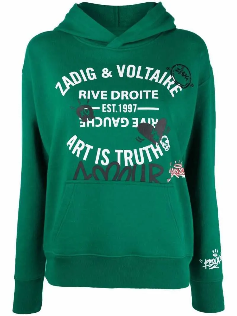 Zadig Voltaire Felpe con cappuccio firmate da donna Stampa classica Hot Diamond Green Interno in pile Maglione Felpa con cappuccio alla moda