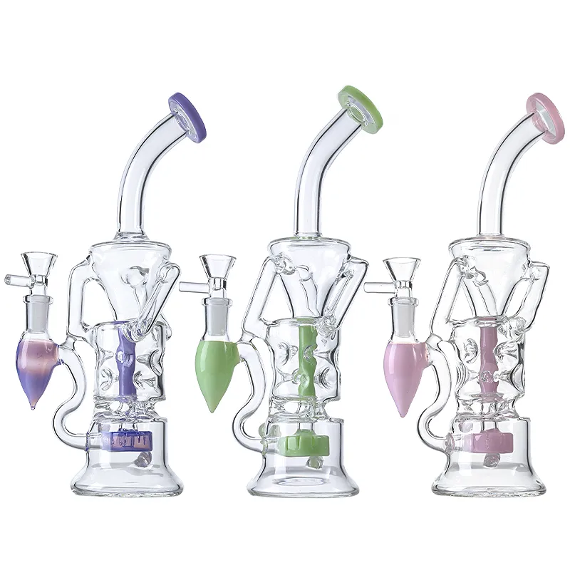 Bocchino a collo piegato Narghilè Bicchiere d'acqua colorato Bong Turbina Perc Double Recycler Oil dab Rigs Fab Egg 14mm Femmina Joint Water Pipes With Bowl