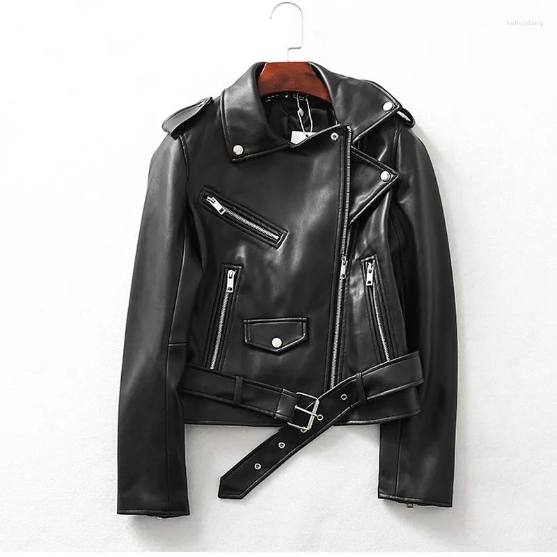 Women's Leather Autumn Spring Black Faux Jacket Women Lapel Short Soft Pu Coat Zipper Moto Biker Belt Outwear