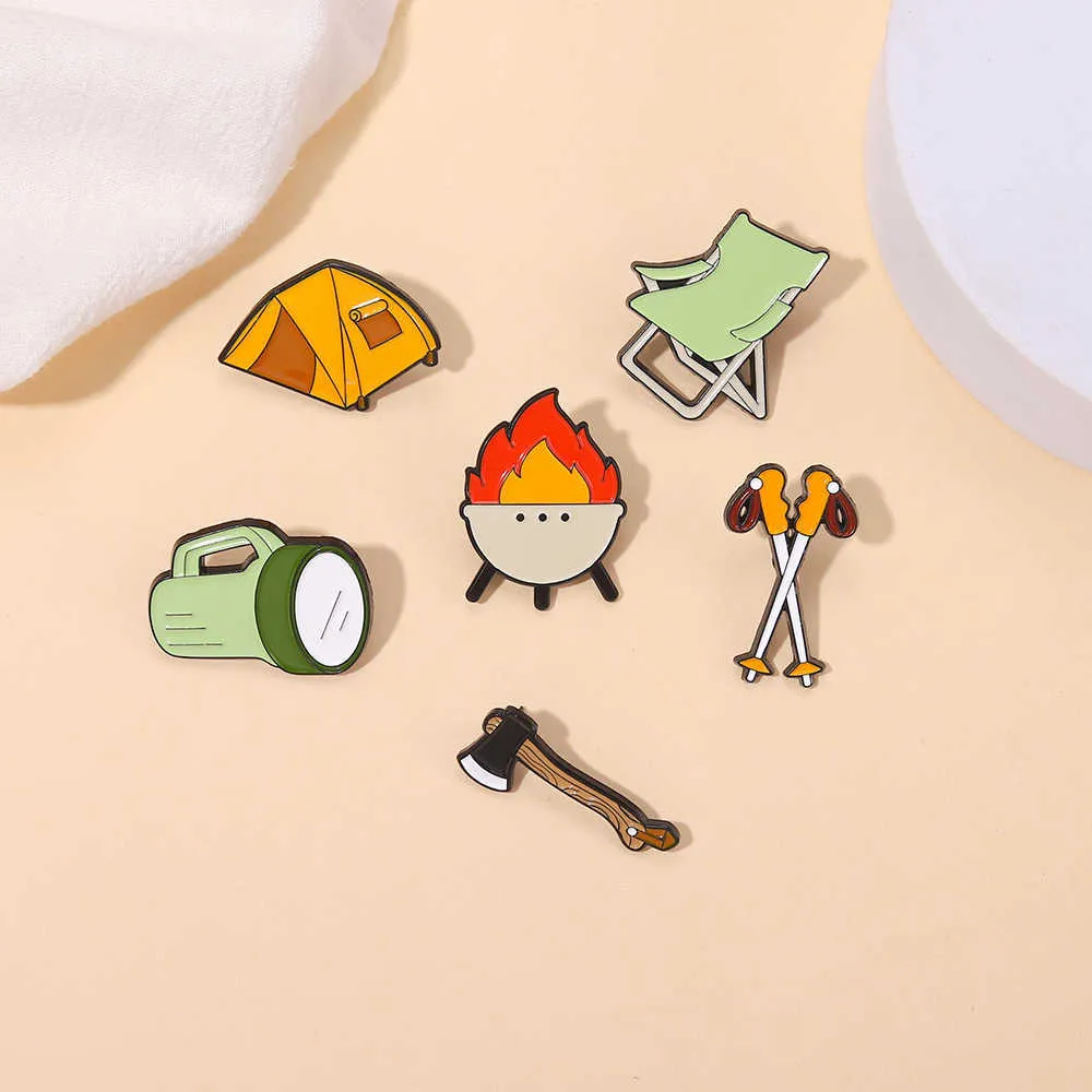 Creative camping series metal brooch accessories tent axe searchlight chair torch shape outdoor small badge
