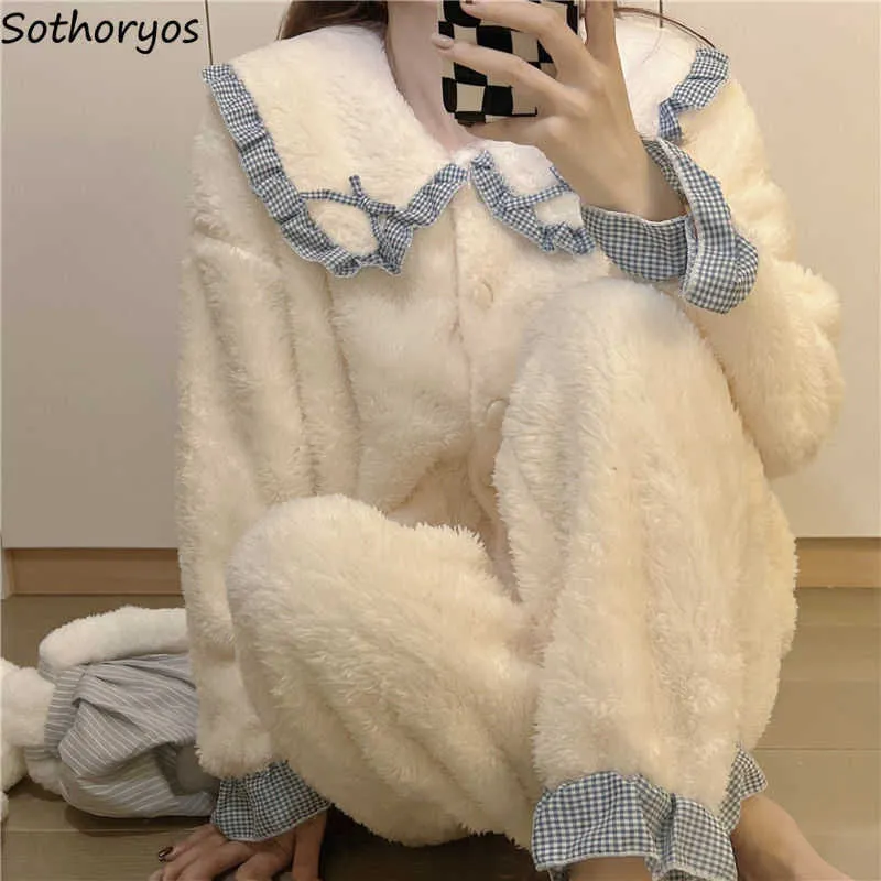 Ensembles de pyjama pour femmes Sleep Lounge Femmes Sweet Plaid Lacework Bow Warm Coral Fleece Thick Kawaii Cozy Ulzzang bosses Lounge Wear Soft Pyjamas Mujer T221017