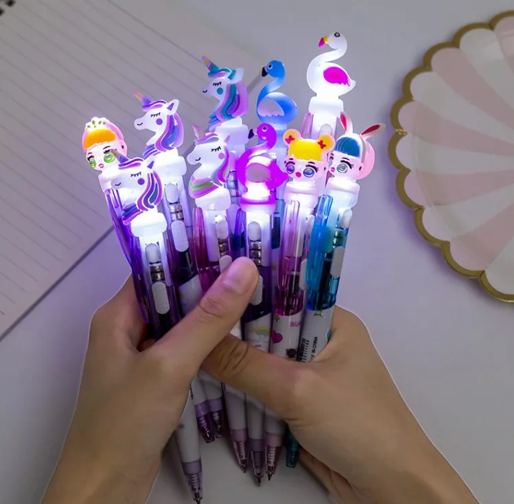 12 컬러 만화 유니콘 라이트 펜 LED 조명 실리카 헤드 젤 젤 빛나는 볼 포인트 학생 문구 학교 쓰기 선물 용품 ZAF
