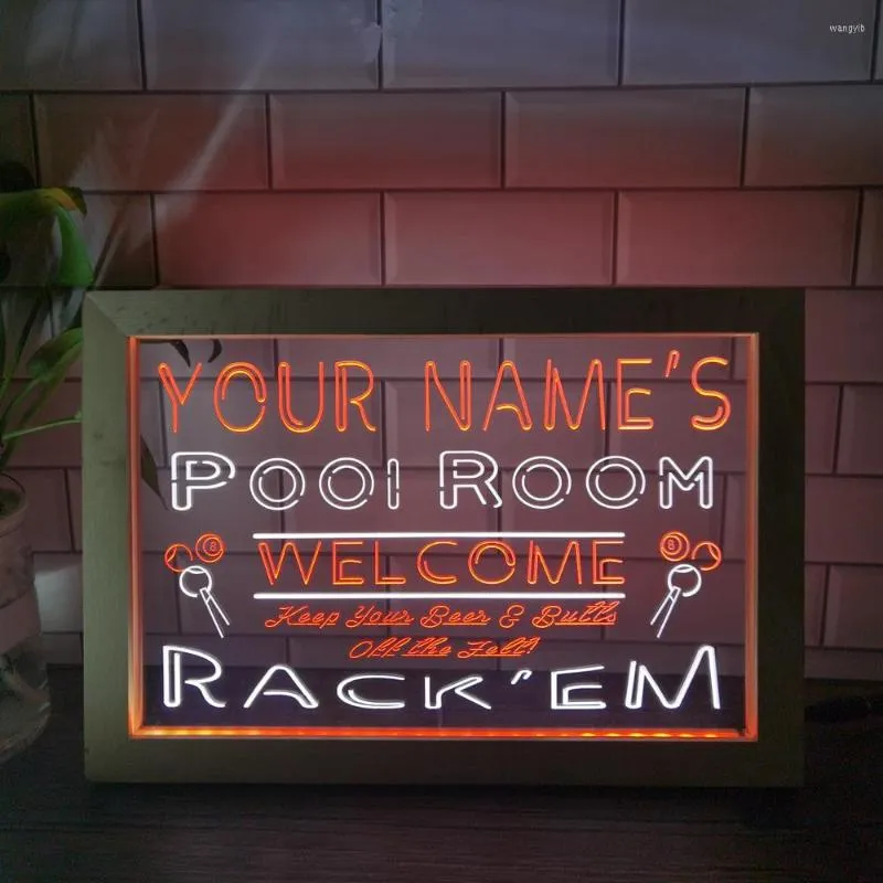 Feestdecoratie naam gepersonaliseerd aangepaste pool room rack 'em bar bier dubbele kleur led neon bord po frame slaapkamer bureau 3d night light