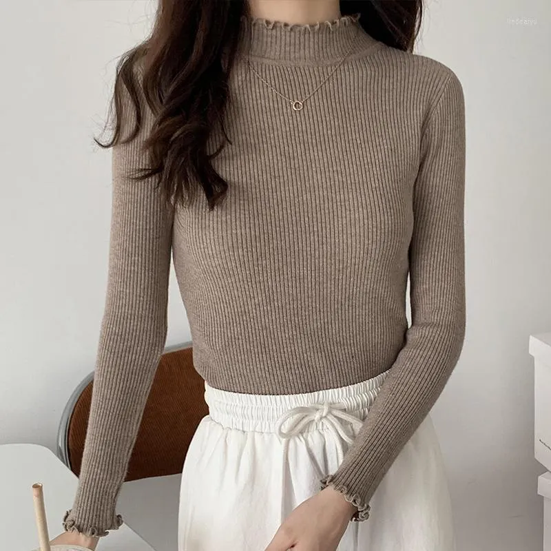 Women's Sweaters LJSXLS Winter Knitted Woman Pullover Autumn Basic Women Jumper Slim Black Sweater Pull Long Sleeve Ruffles Clothes 2022