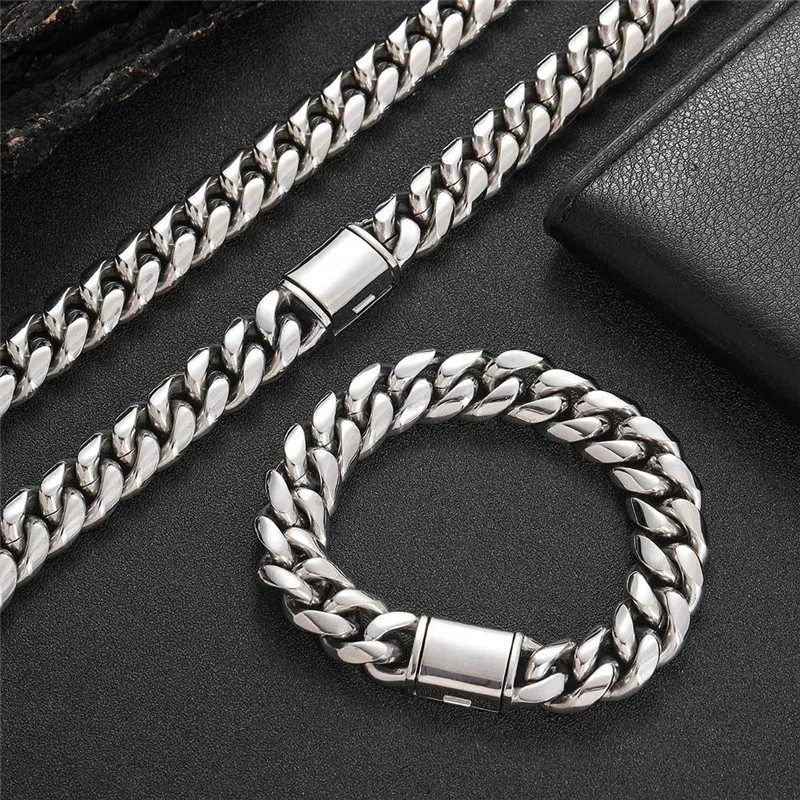 High Quality 18K Yellow Gold Plated Stainless Steel Miami Cuban Chain Necklace Bracelet Links for Men Women Punk Jewelry309t