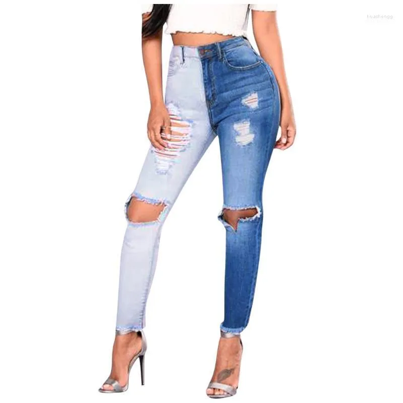 Kvinnors jeans kvinnors fashionabla kontrastfärg kvinnor avslappnad smal fit höst lapptäcke stretch hål blyerts personlighet byxor femme