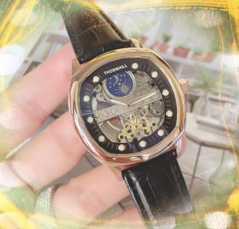 Reloj de movimiento mecánico automático de lujo 43 mm luna sol esqueleto grandes relojes para hombre vidrio reforzado con mineral cuero genuino elegante reloj de pulsera montre de luxe