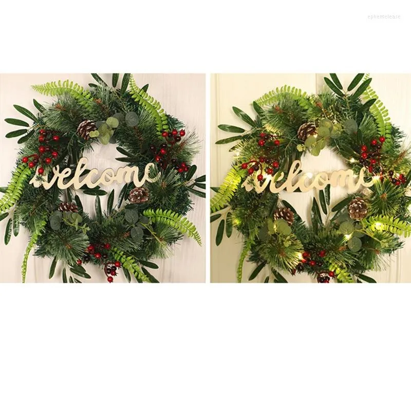 Decorative Flowers 18 Inch Christmas Door Wreath With Sign LED Light Artificial Leaves Pine Cone Berries Rustic Garland Home Decor M6CE