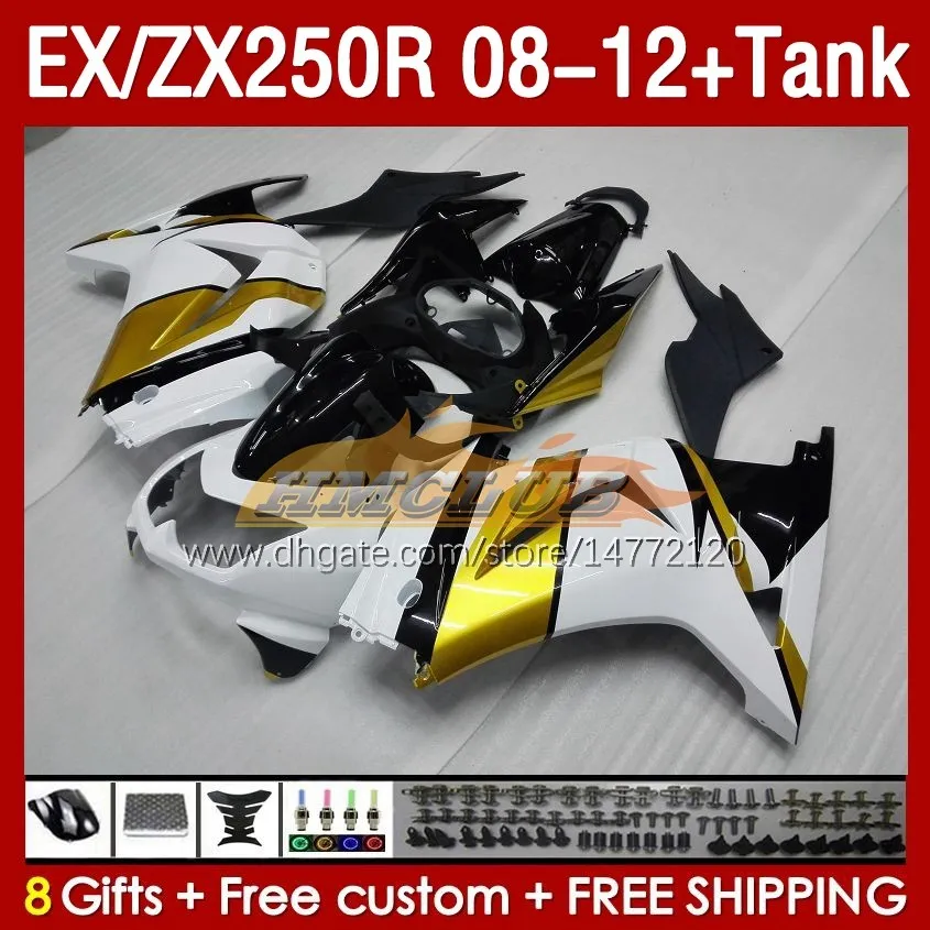 Einspritzverkleidungstank für KAWASAKI NINJA EX250R ZX250R 2008 2009 2010 2011 2012 ZX250 EX250 R 163Nr.122 ZX-250R 08-12 EX ZX 250R 08 09 10 11 12 OEM-Verkleidung goldweiß