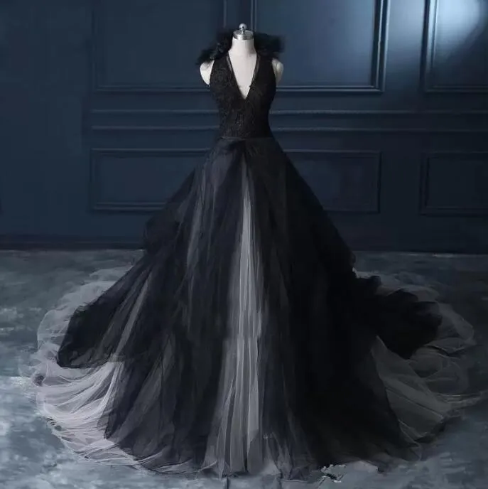 Vestido De Novia Gótico En Blanco Y Negro Vestido De Tul De Encaje