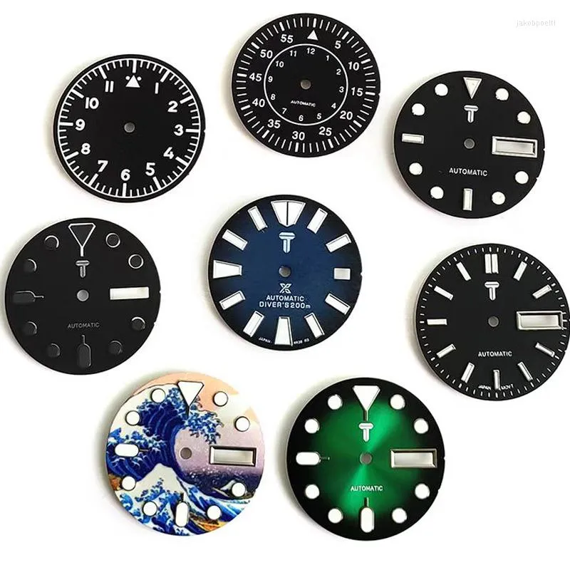 Watch Repair Kits 28.5mm Blue / Green Luminous Dial Super Bright Calendar Parts For Skx007 Skx009 SPRD Fit Movement NH35A NH36A 4R 6R