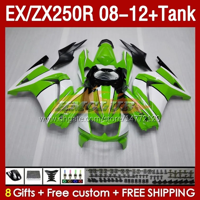 Инъекционная общеизменная танк для Kawasaki Ninja Ex250R ZX250R 2009 2009 2012 2012 2012 ZX250 EX250 R 163NO.116 ZX-250R 08-12 EX ZX 250R 08 09 10 11 12 OEM FARING Green White