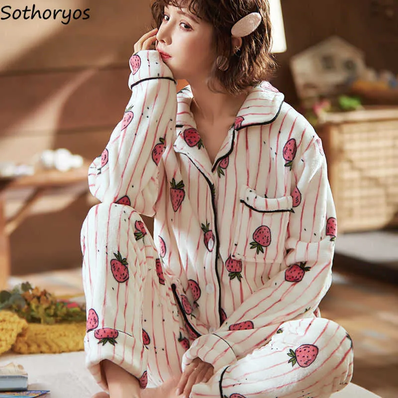 Kvinnors Sleep Lounge Pyjama Ställer in kvinnor Söta varma pyjamas Enkelt breasted Winter Fall Flanell Bekväm termisk lös lounge slitage Sweet Mujer Print T221017