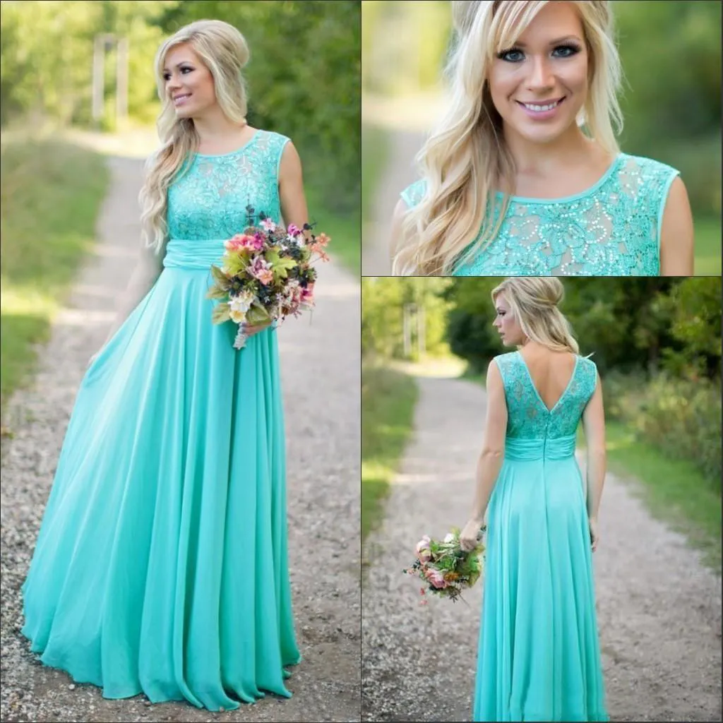 Turquoise Mint Illusion Neck ivory satin bridesmaid dresses with Lace Beaded Top and Chiffon Fabric - 2019 Collection