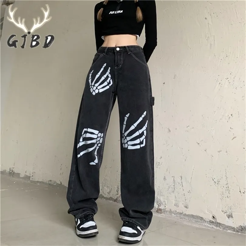 Femmes Jeans taille haute femmes Jeans Vintage Streetwear Hip Hop noir droit Baggy pantalon mode décontracté automne dames jambe large Denim pantalon 221017