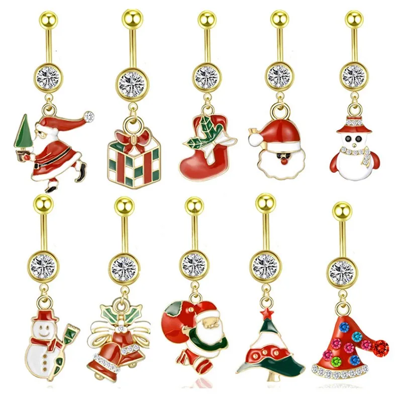 Santa nombril anneau arbre de noël nombril Piercing Dangle ventre anneaux acier chirurgical barre fête pour femme corps bijoux cadeau