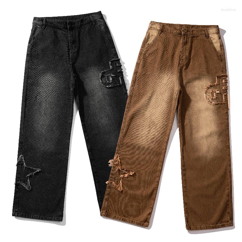 Herenbroek vintage noodlijdende patch denim pants high street losse jeans 2022 streetwear mode broek unisex rechte poot zwart