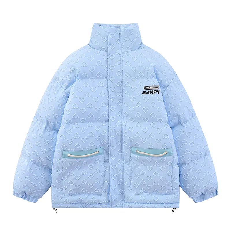 Jaqueta de inverno Masculina Parkas Streetwear Harajuku Bolsos com estampa de coração engrossar Casacos quentes acolchoados Jaquetas de bolhas Casacos de moda