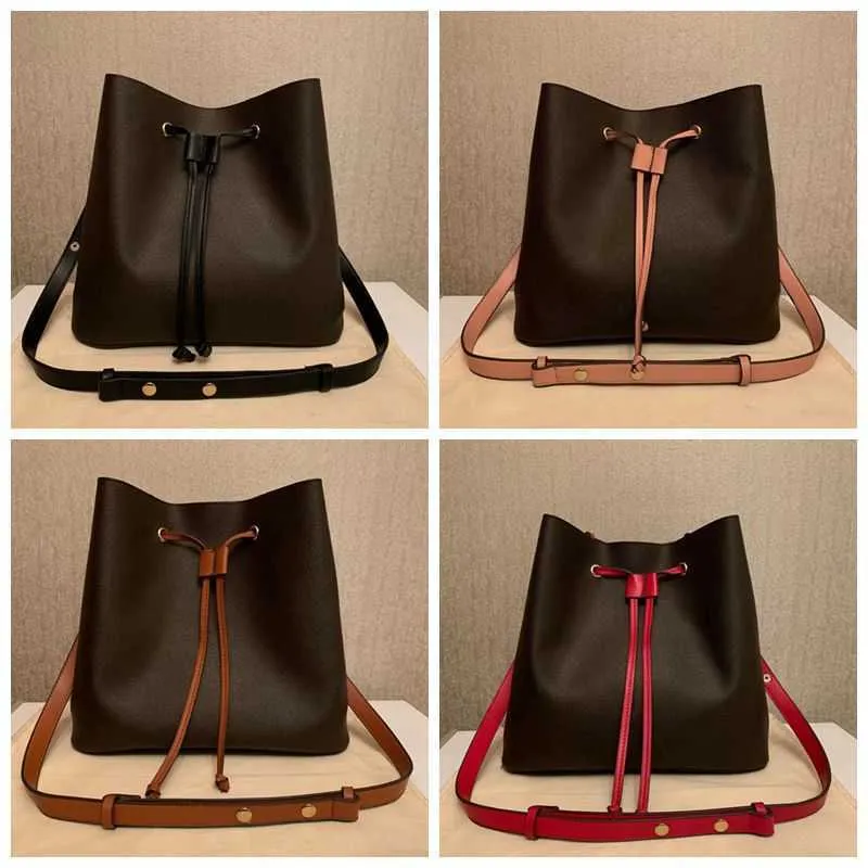 Drawstring Genuine Leather Cross Body Shoulder Bag for Women Girl Fashion Simple Portable Leisure Printed Handbag Bucket Bags