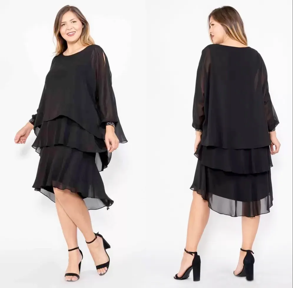 3 lagen zwarte chiffon moeder van de bruid jurken knie lengte elegante vrouwen formele slijtage Moedersjurk met lange mouwen