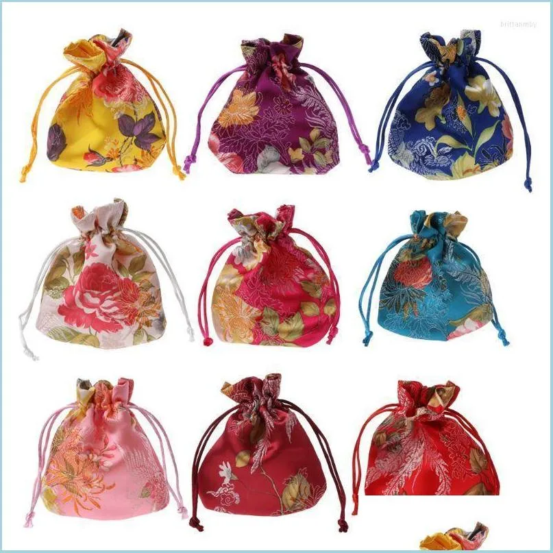Chinese Flower Embroidered Chinese Silk Jewelry Pouches