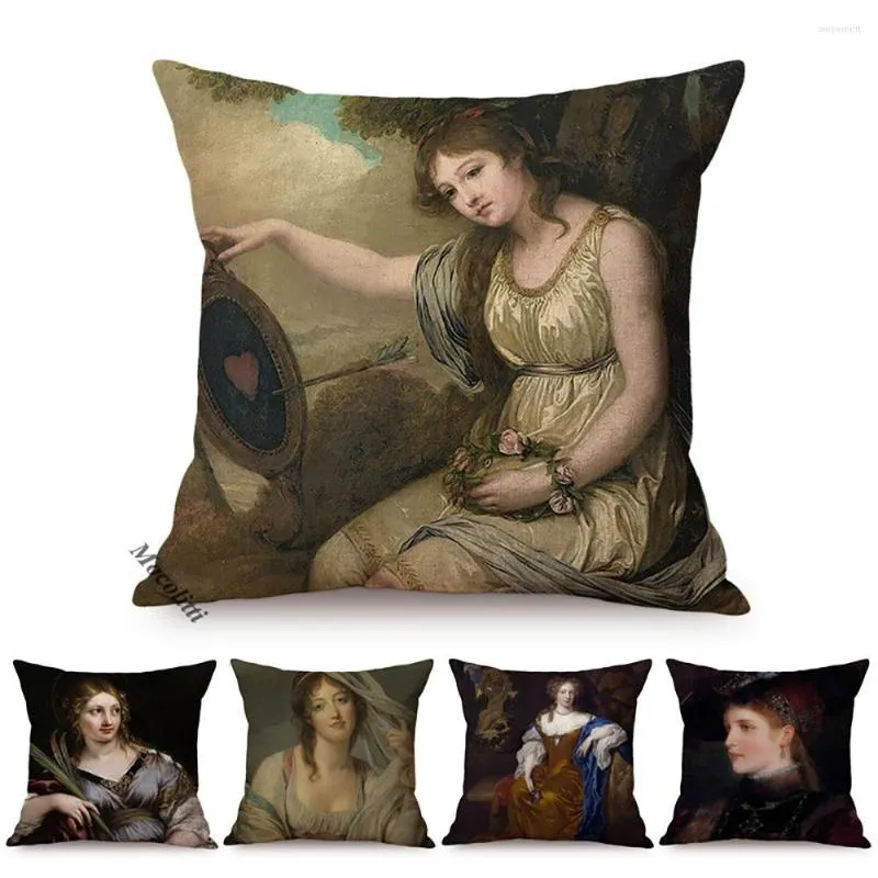 Kudde Europe Vintage Oil M￥lning Elegant Lady Portrait Charmig kvinna Dekorativ kast Kudde Bil Linen Cotton Pillowsham