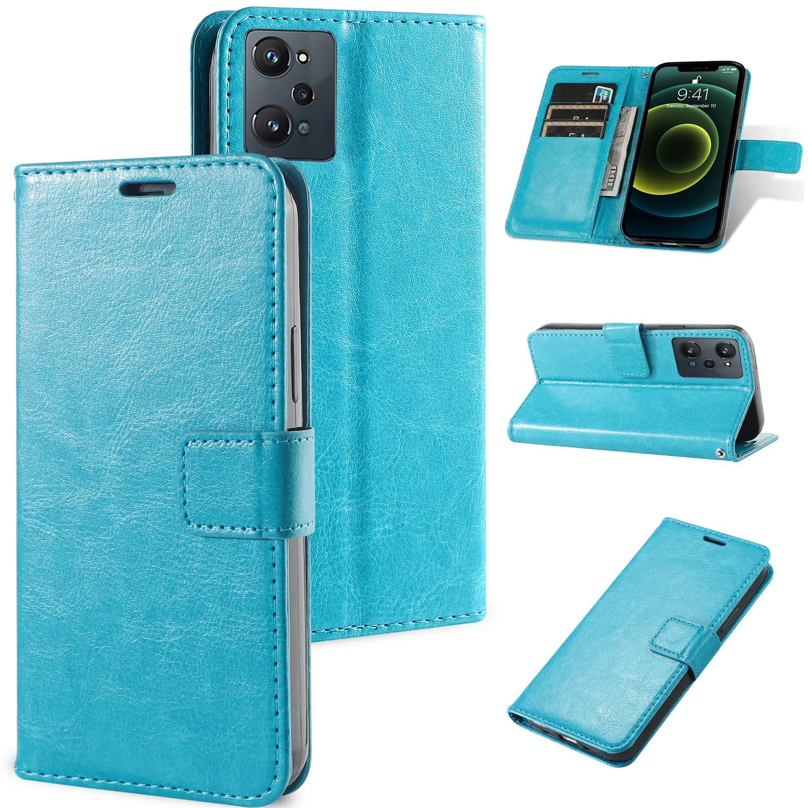 Oppo Realme C33 C31 C30 C35 A96 A97 A76 A94 GT NEO 3 K10 RENO 8 PRO WALLET FUNDAレザーとクレイジーホースケースの電話ケース