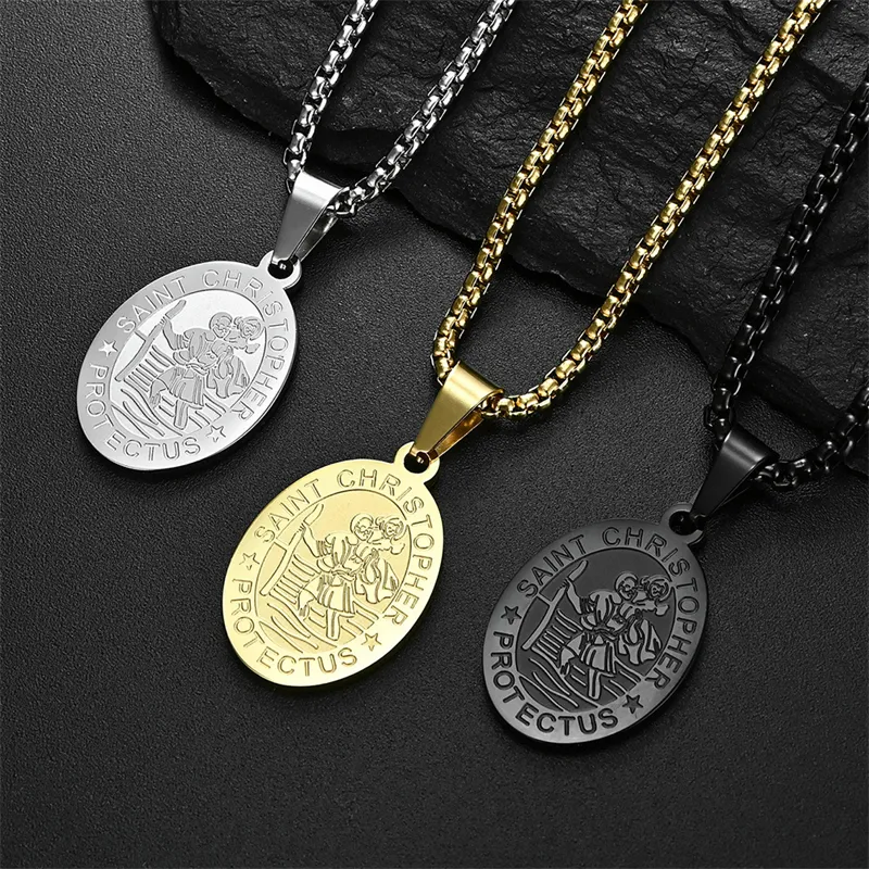 Saint Christopher Necklace for Men Women Car Pendant Catholic Gifts The Protector of Travelers Stainless Steel Medal 24 inches