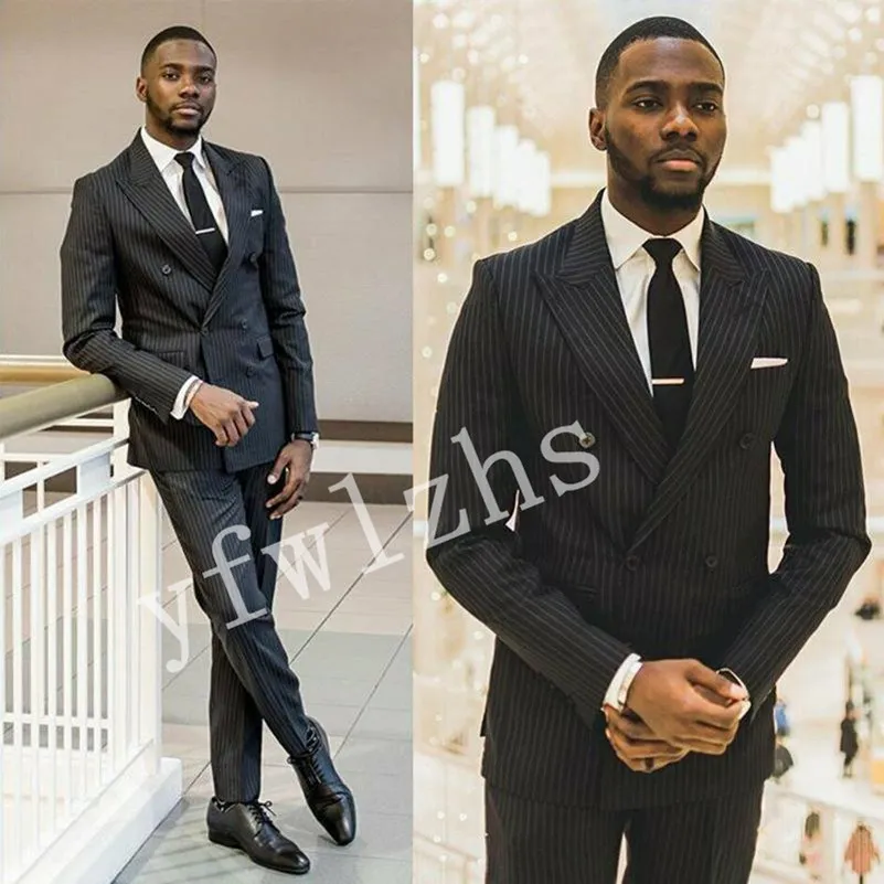 Handsome Black white stripe Groomsmen Peak Lapel Groom Tuxedos Man's Suits Wedding/Prom/Dinner Man Blazer Jacket Pants Tie K802