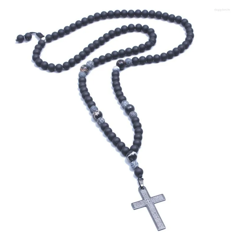 Pendant Necklaces Men's Matte Black Onyx Beaded Necklace Cross Jesus Prayer For Women Men Religion Jewelry Drop