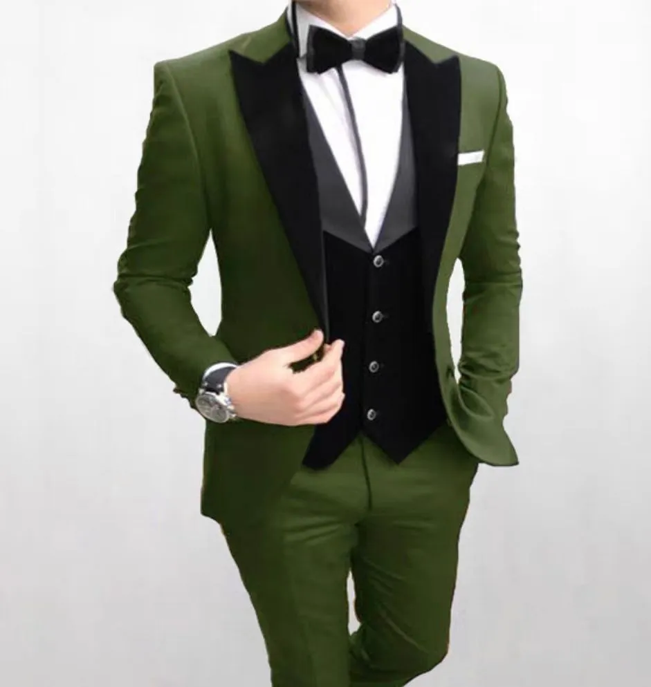 Excellent vert marié Tuxedos noir velours revers pointe Slim Fit garçons d'honneur robe de mariée Excellent homme veste Blazer 3 pièces costume