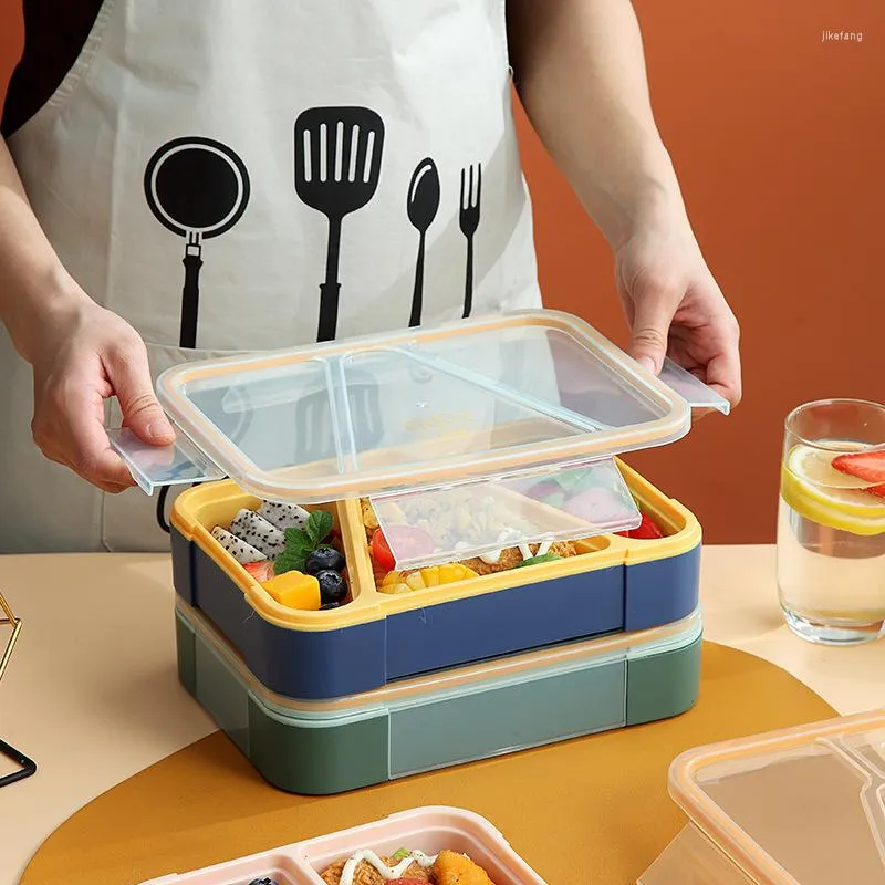 Servis uppsättningar 3 rutnät Mikrovågsugn Uppvärmd lunchlåda för barn Kök Kök Plastförvaring Behållare Portable Picnic Camping