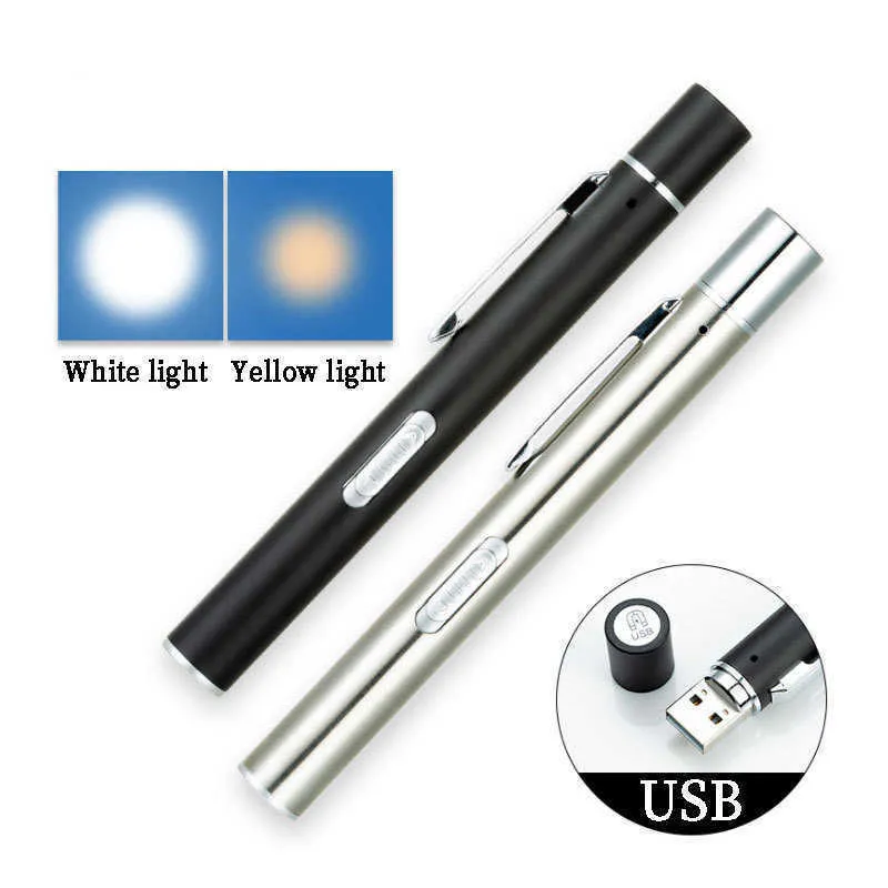Mini zaklampen Torches LED -pen Medische zaklamp Dubbele lichtbron Roestvrij staal USB Gebouwde oplaadbare Flash Gift Supplies L221014