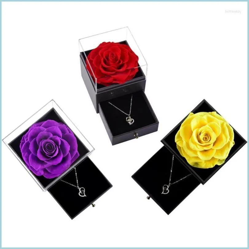 Jewelry Pouches Bags Jewelry Pouches Bags Unfaded Flower Rose Box With Surprise 100 Languages I Love You Necklace Strange Gift For Dhq5E