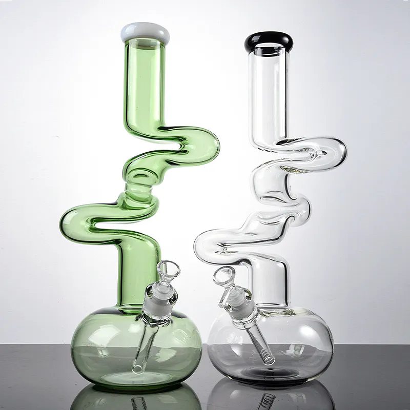 Unique Glass Beaker Bongs Zigzag Type Hookahs 17 Inch Big Bongs Heady Green White Water Pipes Heavy Base Dab Rigs With 18mm Bowl