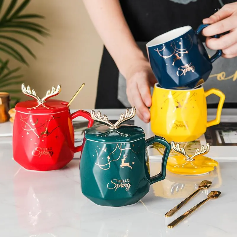 Mugs Scandinavian Antler Ceramic Mug With Lid Spoon Coffee Cups And Year Drinkware Cup Of For Tea Original