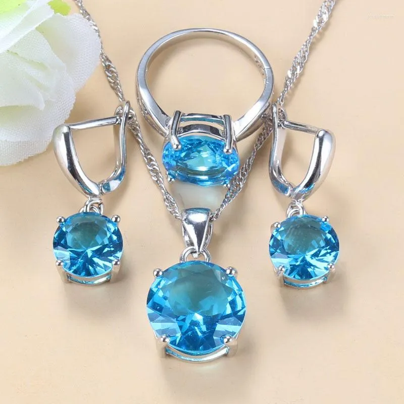 Necklace Earrings Set Bridal 925 Mark Round Moroccan With Natural Stone Blue CZ And For Women Trendy Costume