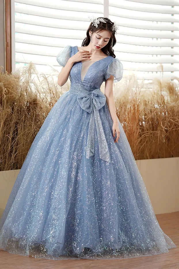 Light Blue Glitter Bubble Sleeve Medieval Dress Renaissance Princess Royal Victoria Costume for Women