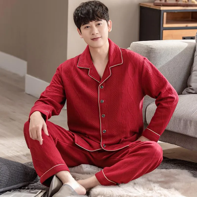 Men's Sleepwear Winter Thick And Warm Men Air Cotton Pajamas Set Long Sleeve Turn-down Collar Cardigan M-4XL Male Homewear