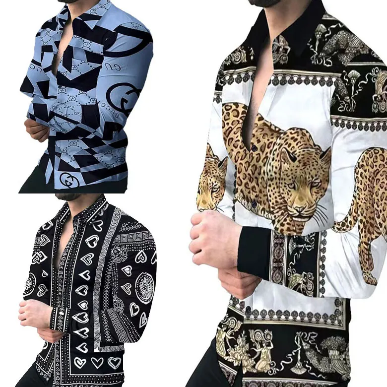 Men's Casual Shirts Fashion Dresses Chemise Hawaiian Letter Printed Long Sleeve Camisa S-3XL Men Hombre Party Tropical Dress Blouses