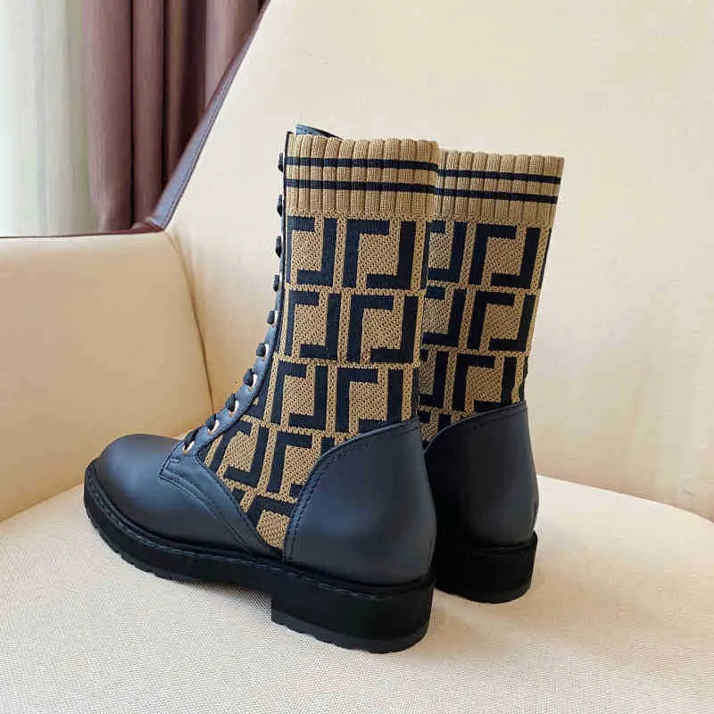 FF Zucca коричневые вязаные вязаные носки-квартиры лодыжки сапоги Rockoko-Jacquard сплетен и кожа