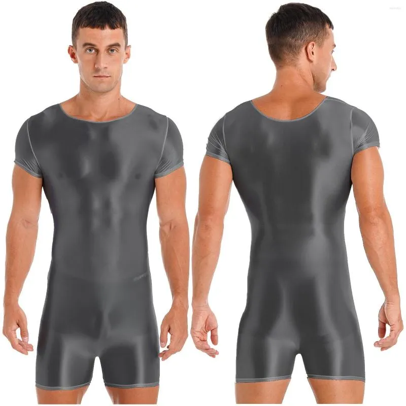 Herren-Body Shaper, Herren-Badeanzug, glänzend, kurzärmelig, Rundhalsausschnitt, Badebekleidung, Sport, Laufen, Yoga-Anzug